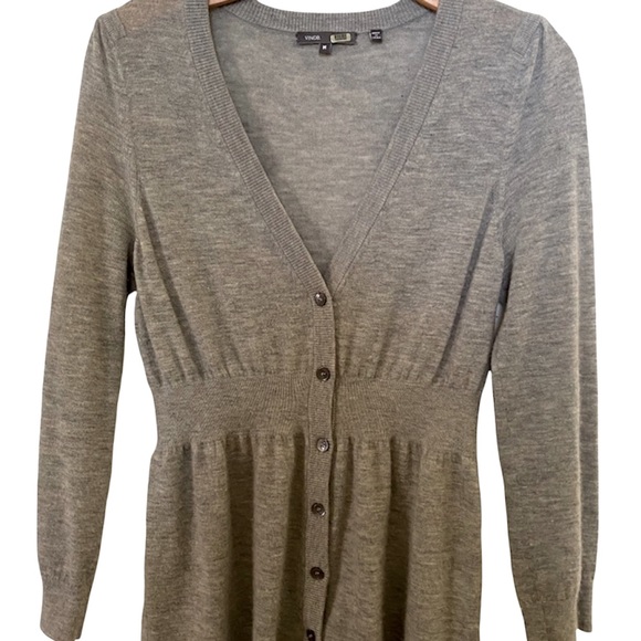VINCE Grey Cashmere Button Front Cinch Waist Cardigan Sweater Size Small - Picture 2 of 4